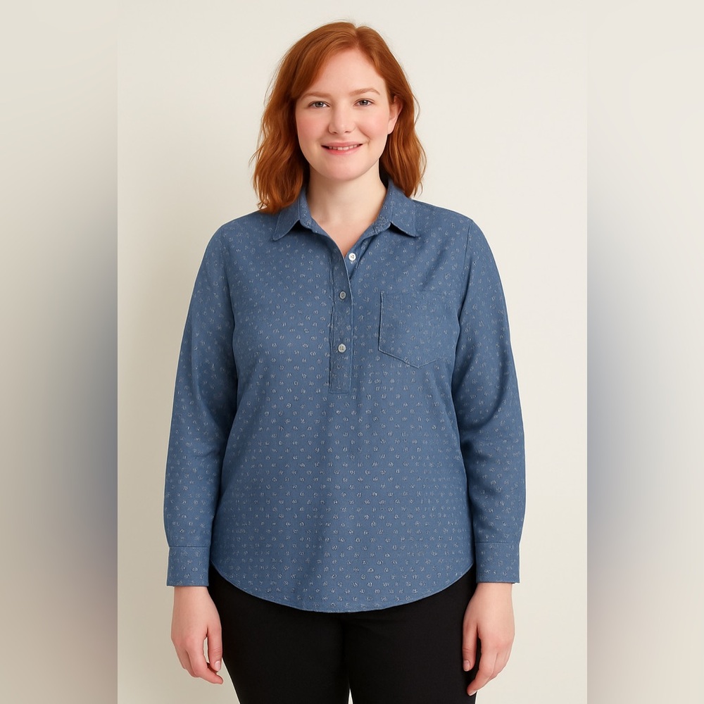 J.Crew XL Chambray Popover Shirt Blue White Dot Print Long Sleeve